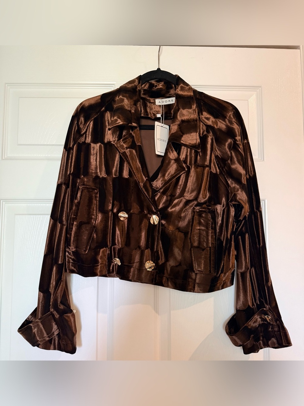 Adore Shiny Chocolate Brown Satin Cropped Blazer